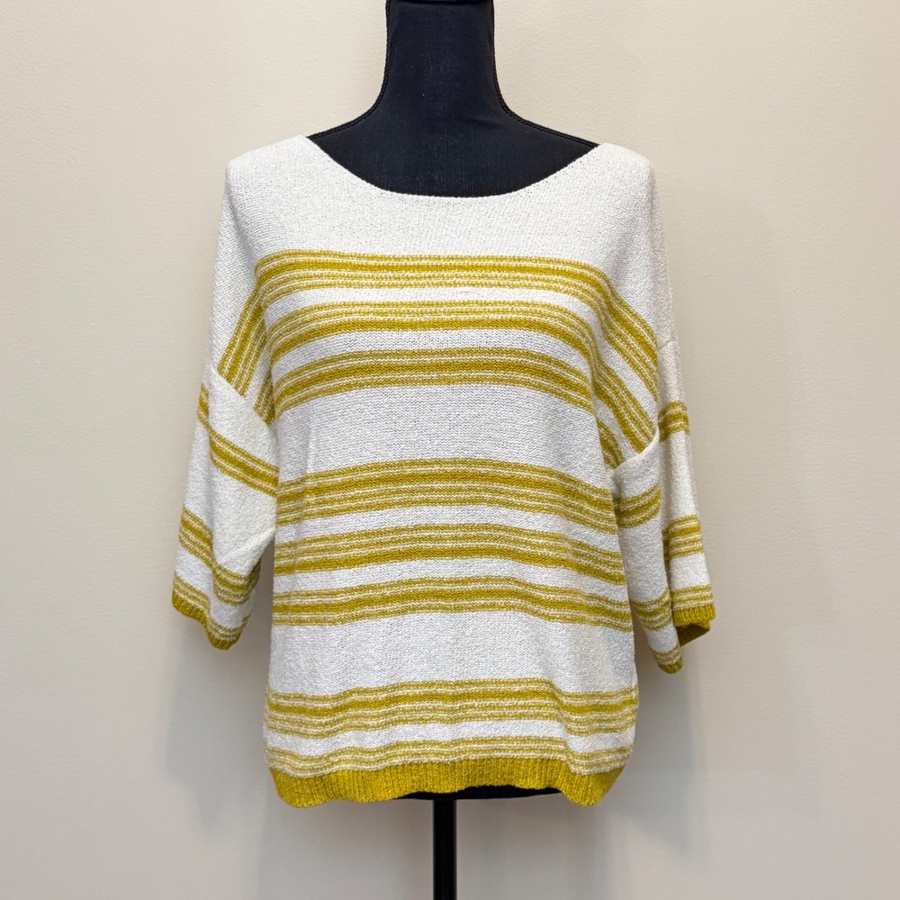 Ee:some Womens M Striped Knit Sweater Mustard Yellow White Drop Sleeve Oversized
